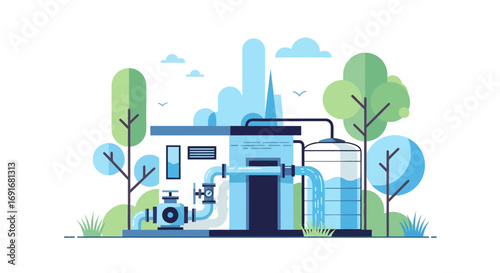 Industrial water treatment plant with trees and sky in flat design