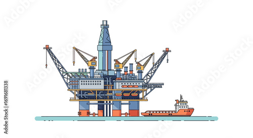 Offshore oil rig platform and supply ship for petroleum energy exploration. Vector illustration of industrial sea drilling