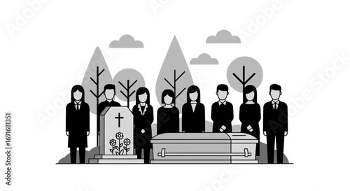 A somber funeral scene with mourners gathered around a coffin and gravestone under trees