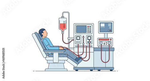 Medical procedure illustration of a person undergoing dialysis treatment