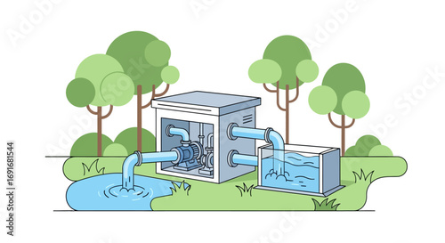 Diagram of a water pump system Illustrative view of water flow, filtration and storage