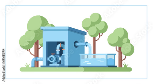 Water Pumping Station Illustration with Pump and Tank in an Outdoor Setting for Essential Supply and Management