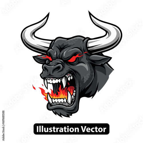 Angry bull's head with fiery breath, symbolizing raw power, aggression, and untamed strength