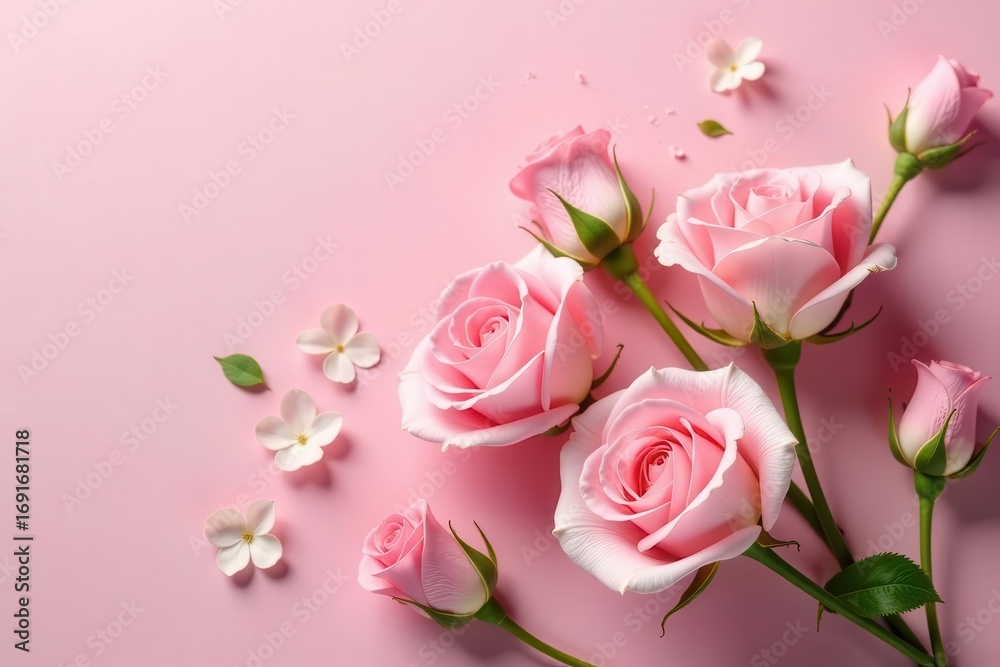 Fototapeta premium A Delicate Arrangement of Pink Roses and Small White Flowers on a Soft Pink Background