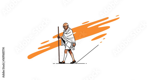 Mahatma Gandhi Walking with a Stick, an Iconic Indian Leader and Advocate for Nonviolent Resistance, Representing Peace and Independence Movement