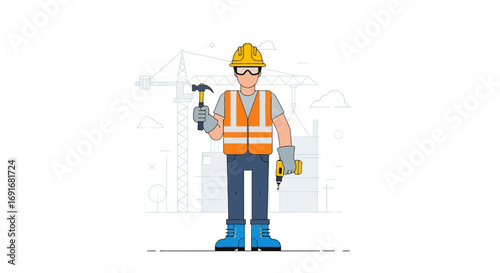 Professional construction worker in safety gear holding a hammer and drill at a building site illustration