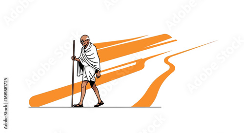 Iconic illustration of Mahatma Gandhi walking with his staff, symbolizing peaceful protest and the Salt March, representing India's fight for independence and non-violent resistance