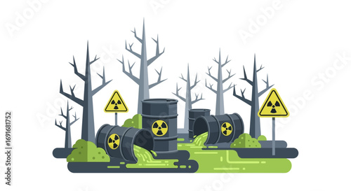 Barrels of radioactive waste polluting the environment in a desolate, dead forest with warning signs