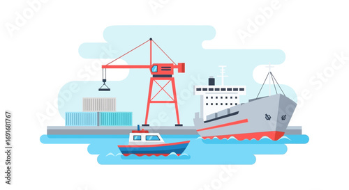 Cargo Port Illustration Container Ship, Crane, and Tugboat at the Dock