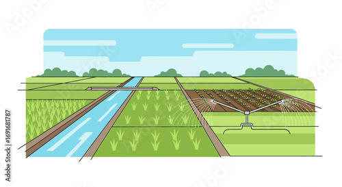 Expansive agricultural landscape illustration showcasing vibrant green rice fields alongside a flowing irrigation canal and modern sprinkler systems for efficient crop watering