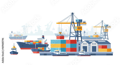 Bustling Harbor with Cargo Ships and Cranes in a Shipping Port