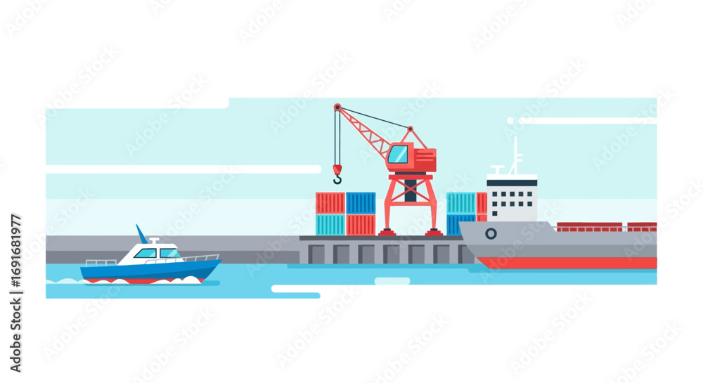 Fototapeta premium Cargo Ship at Port Crane Unloading Containers