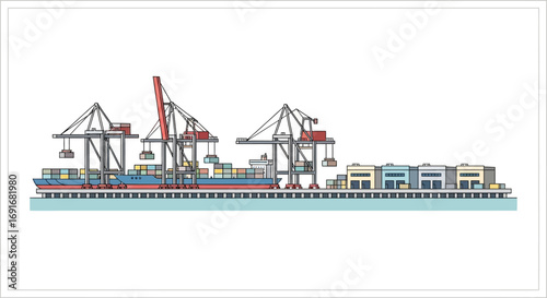 Bustling Port Scene Cranes Loading Cargo Ship at the Harbor with Container Stacks