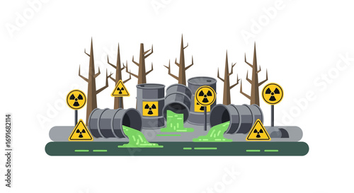 Environmental hazard with leaking barrels and radiation symbols
