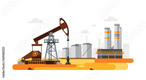 Industrial oil extraction and refining complex with pumping jack and storage tanks illustration