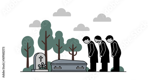 Illustration of people in deep mourning at a funeral ceremony, gathered by a coffin and tombstone in a somber outdoor setting