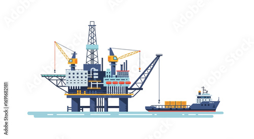 Offshore oil rig and supply ship in the ocean, with equipment and structures present
