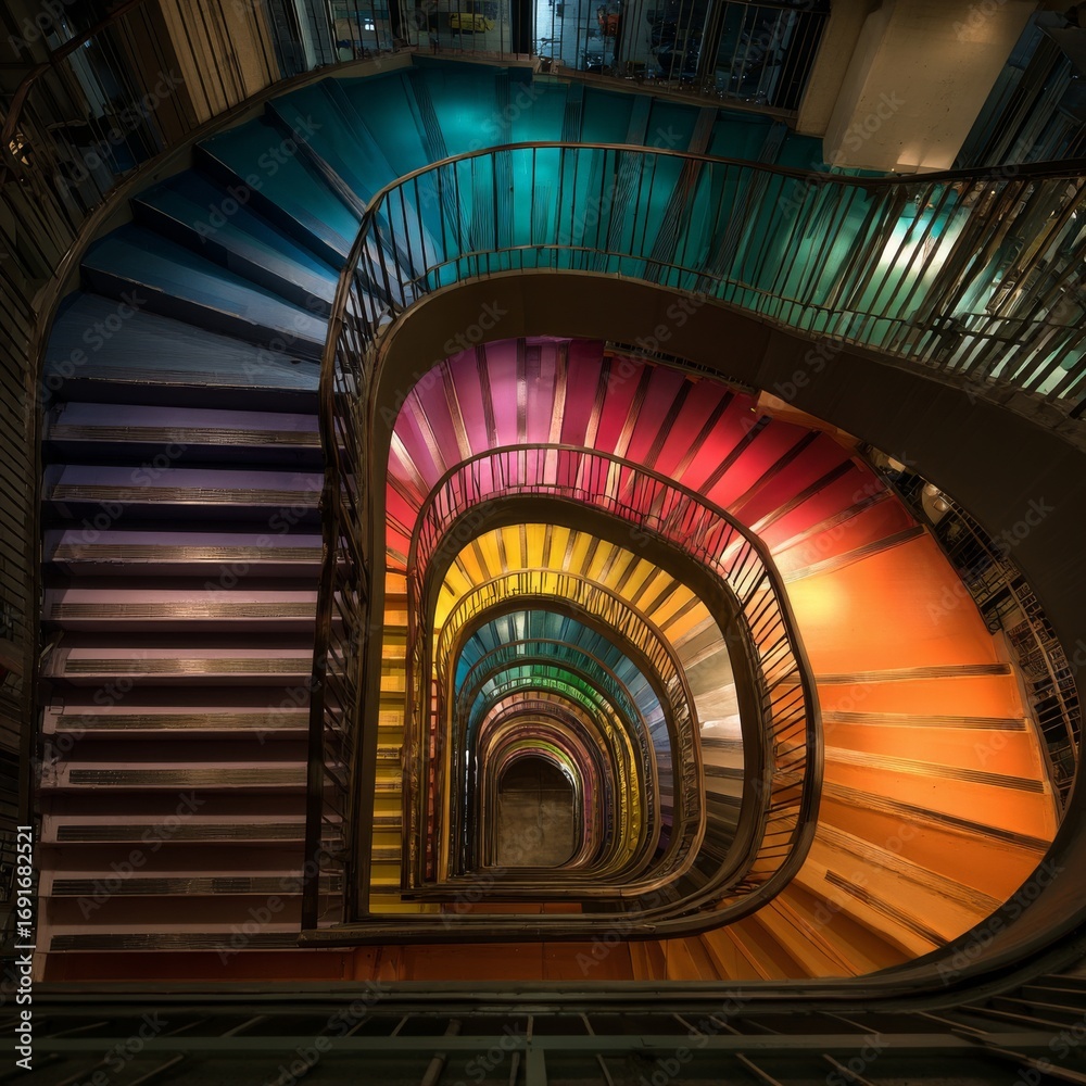 Obraz premium Colorful Spiral Staircase in Modern Urban Building