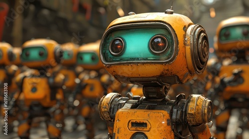 Group of robots marching in urban setting