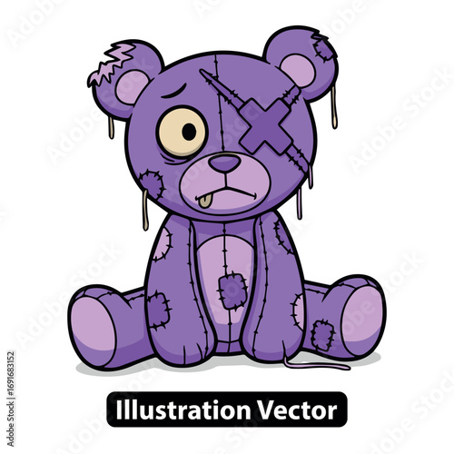 Vector illustration of a sad and creepy purple zombie teddy bear with patches and stitches