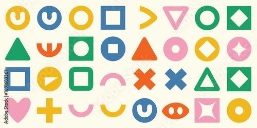 A vibrant and playful abstract pattern featuring a collection of colorful geometric shapes and icons on a cream background