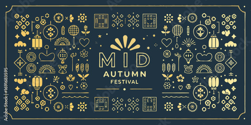 Mid autumn festival decorative elements and symbols in golden outline style on dark blue background