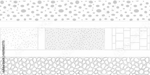 Seamless patterns and textures featuring dots circles and stone arrangements in shades of gray and white