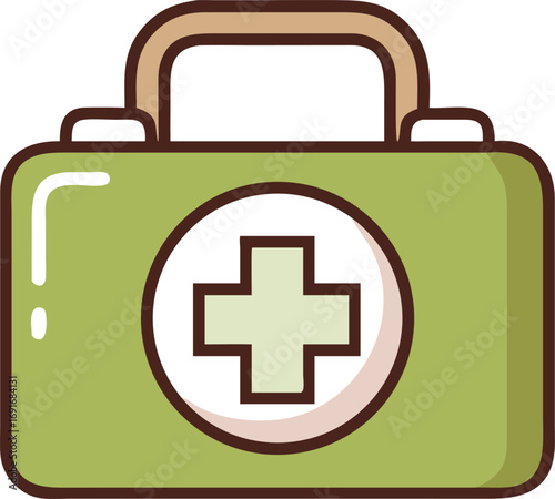 Icon of a first aid kit set against a white background, representing safety and emergency medical supplies.

