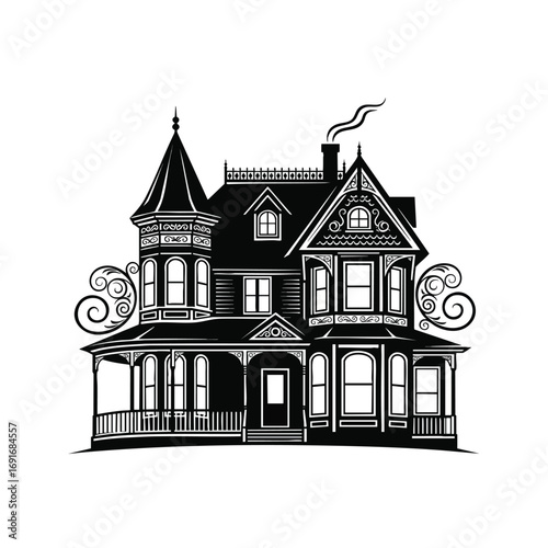 A detailed black and white illustration of an ornate Victorian house with a turret and smoking chimney.