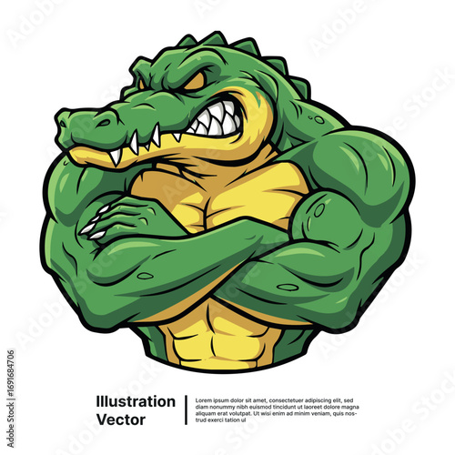 Fierce muscular alligator mascot with crossed arms showing off his powerful build