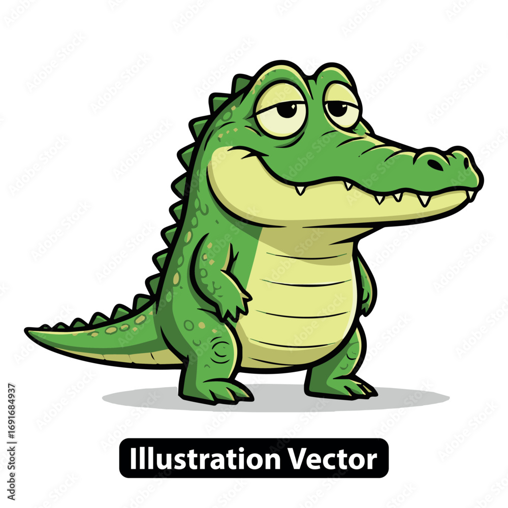 Naklejka premium Cute and funny cartoon alligator character with a confident and smug look. Green reptile mascot design
