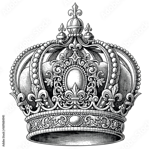 A highly detailed handdrawn royal crown with jewels and ornate filigree in a classic engraving style.