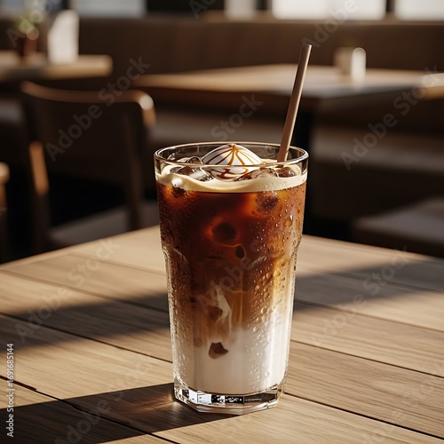 Iced Coffee Drink in Glass on Wooden Table.