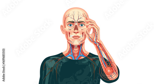 Detailed Illustration of Human Anatomy Showing Circulatory and Nervous Systems with Pain Indication in the Arm and Head
