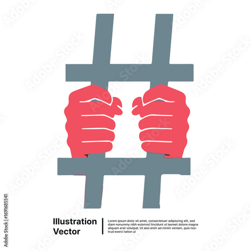 A Hashtag Symbol Intersected by Two Hands Gripping Bars, Symbolizing Captivity or Restriction