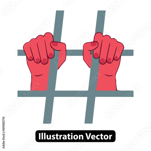 Vector illustration of hands grasping prison bars, symbolizing confinement, restriction, or the fight for freedom and justice