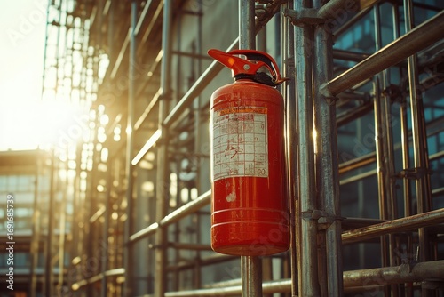 Fire Extinguisher Hanging on Scaffolding in Construction Site at Sunset, Symbolizing Safety and Fire Prevention in Urban Environments, Industrial Settings