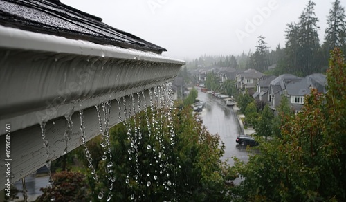 Rainwater flows from a house gutter, over a neighborhood street