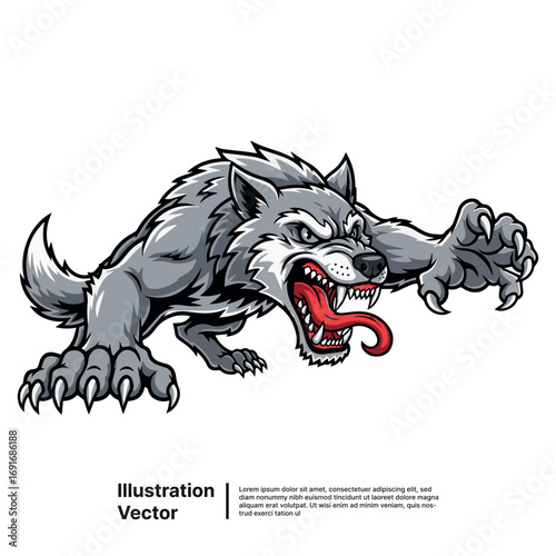 Dynamic Snarling Wolf Illustration Fierce Predator with Bared Fangs and Extended Claws