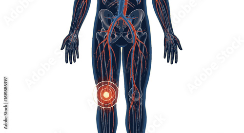 Detailed Medical Illustration of Human Circulatory System with Highlighted Knee Pain and Skeletal Structure