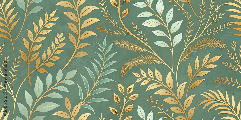 Elegant seamless pattern of delicate botanical foliage in muted green and gold tones for textile design Elegant seamless pattern of delicate botanical foliage in muted green and gold tones for textile design