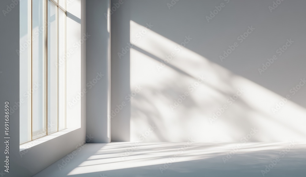Obraz premium Empty room with large window, sunlit shadows