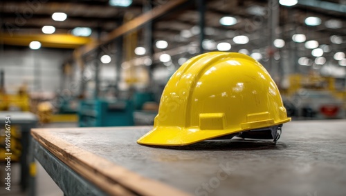 Yellow hard hat on a worktable in a factory