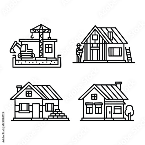 A set of four line art icons illustrating the stepbystep process of house construction from foundation to completion.