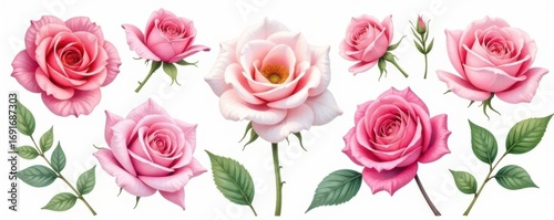 Delicate watercolor rose collection, various blooms , art, vintage, elegant