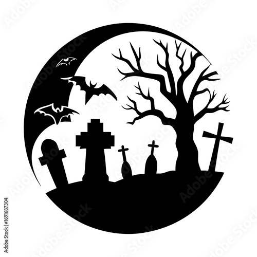 Silhouette of graveyard with tombstones and bare tree under crescent moon with flying bats in a circle shape