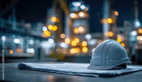 Safety helmet on blueprints, industrial backdrop