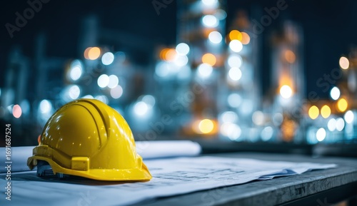 Industrial safety helmet on blueprints at night
