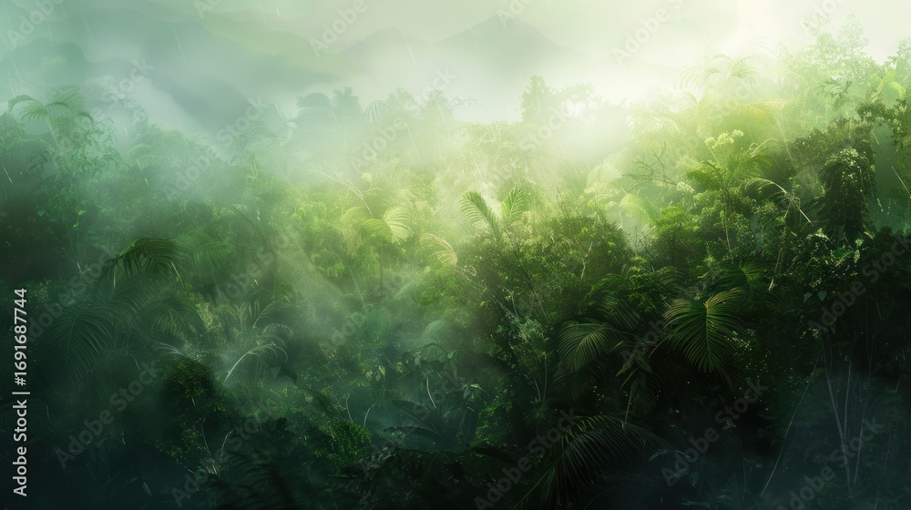 Fototapeta premium Misty green forest landscape