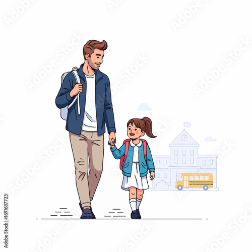 Vector illustration of a father accompanying his daughter to school, symbolizing family care, education, bonding, and daily routine moments